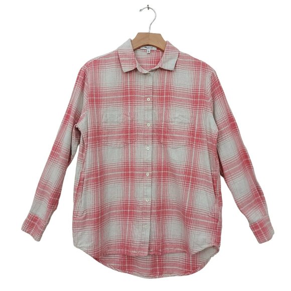 Madewell Flannel Shirt Womens XXS Pink Beige Cozy Plaid Oversized Long Sleeve - Picture 2 of 11